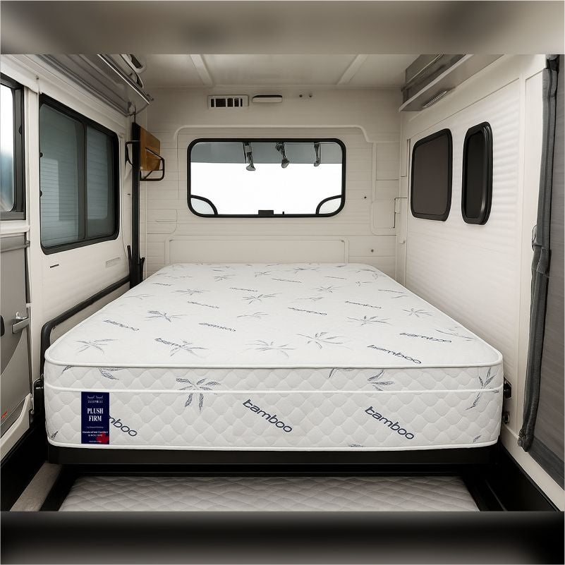 SleepWell Plush Firm bamboo mattress fitted in RV camper interior