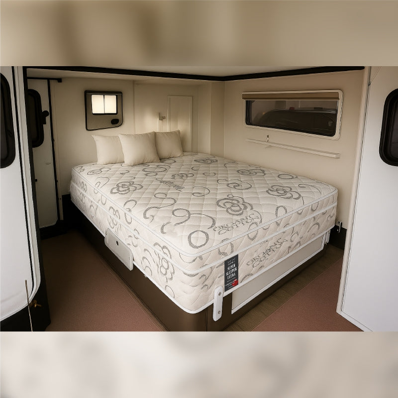 RV camper mattress fitted in motorhome bedroom nook