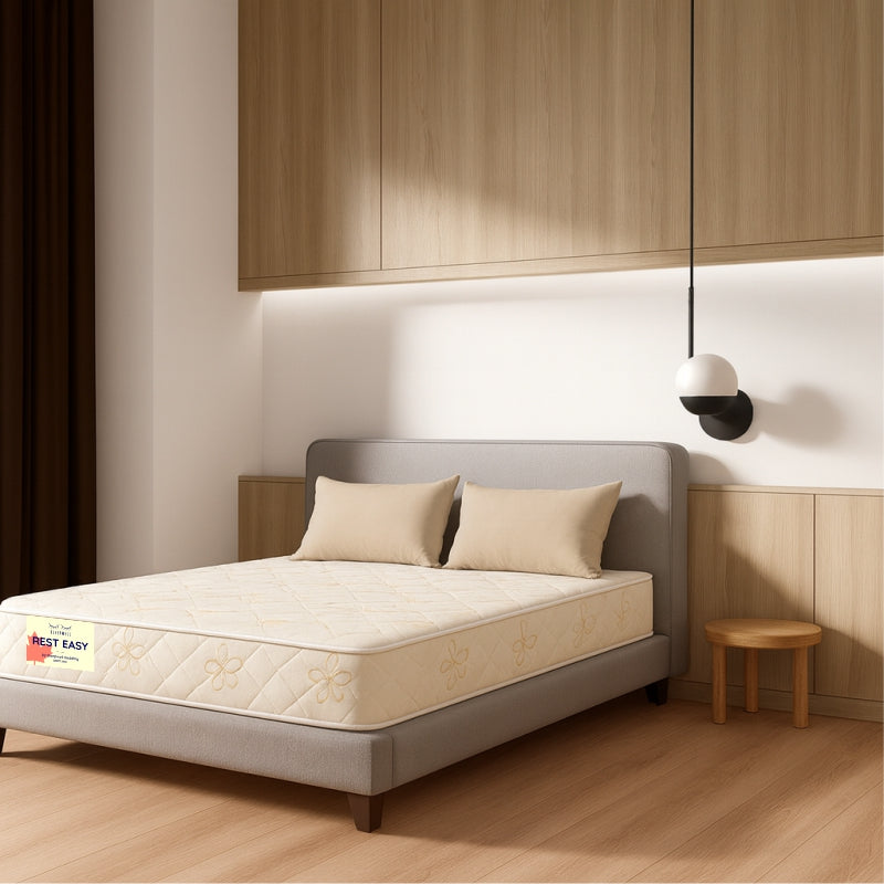 Rest Easy mattress on grey bed frame in wooden panel bedroom, Winnipeg