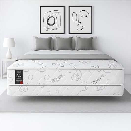 SleepWell Royal Comfort organic cotton mattress front view in minimal bedroom