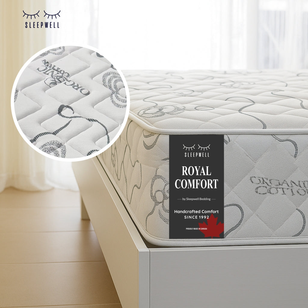 SleepWell Royal Comfort organic cotton mattress corner view with fabric detail