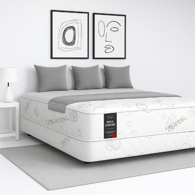 SleepWell Royal Comfort organic cotton mattress side view in minimal bedroom
