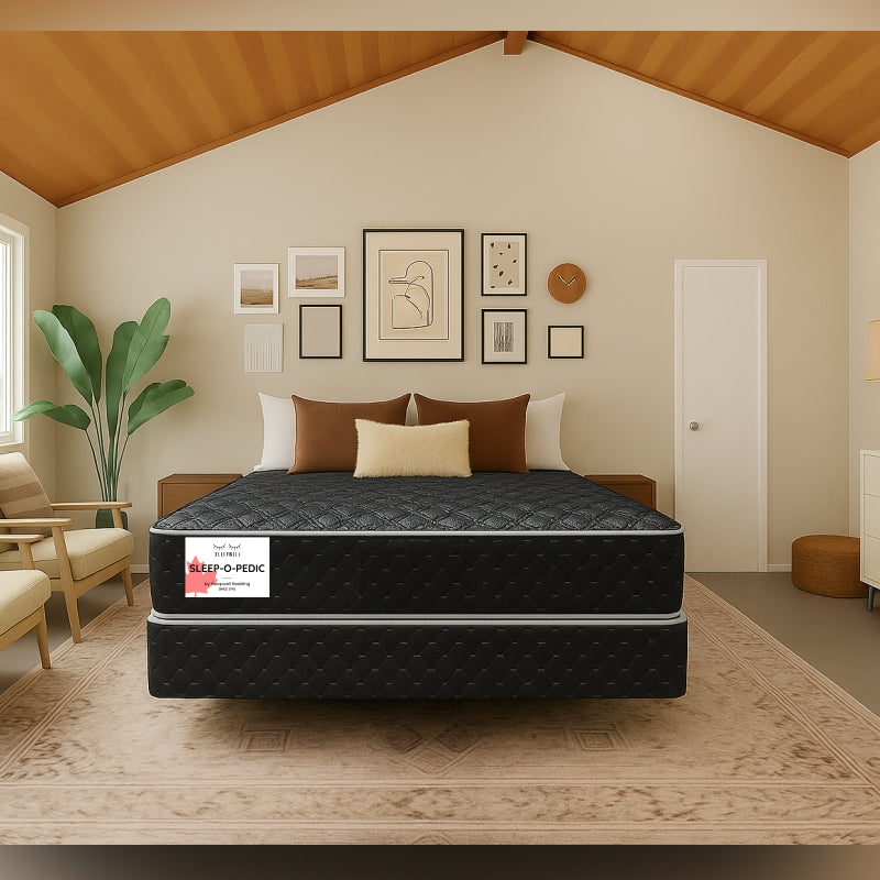 Sleep-O-Pedic mattress front view in warm boho-style bedroom with gallery wall - buy in Winnipeg