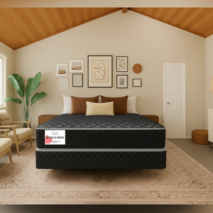 Sleep-O-Pedic mattress front view in warm boho-style bedroom with gallery wall - buy in Winnipeg