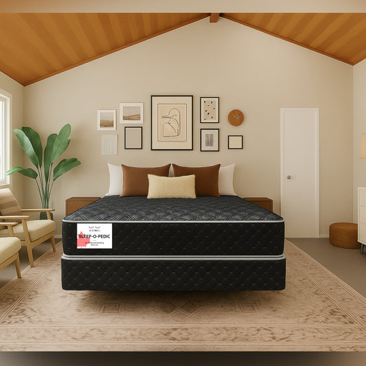 Sleep-O-Pedic mattress front view in warm boho-style bedroom with gallery wall - buy in Winnipeg