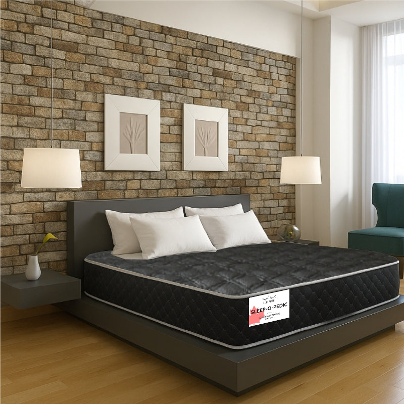 Sleep-O-Pedic mattress in modern bedroom setup with headboard and pillows - buy in Winnipeg