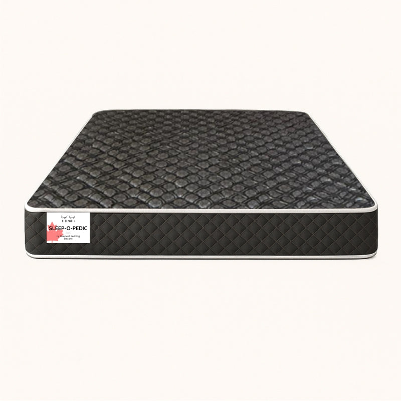 Sleep-O-Pedic black quilted mattress on white studio background