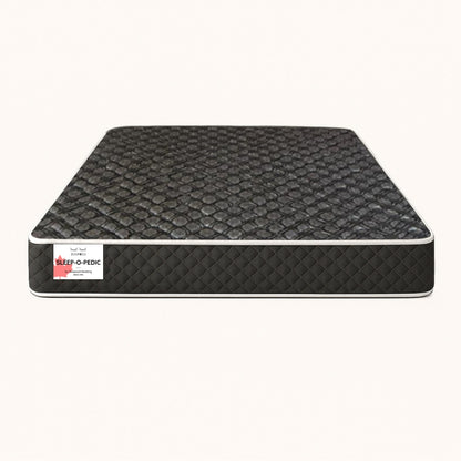 Sleep-O-Pedic black quilted mattress on white studio background