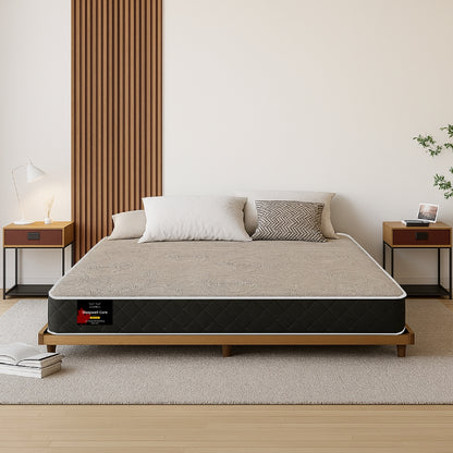 Sleepwell Core extra firm mattress on platform bed in warm minimal bedroom