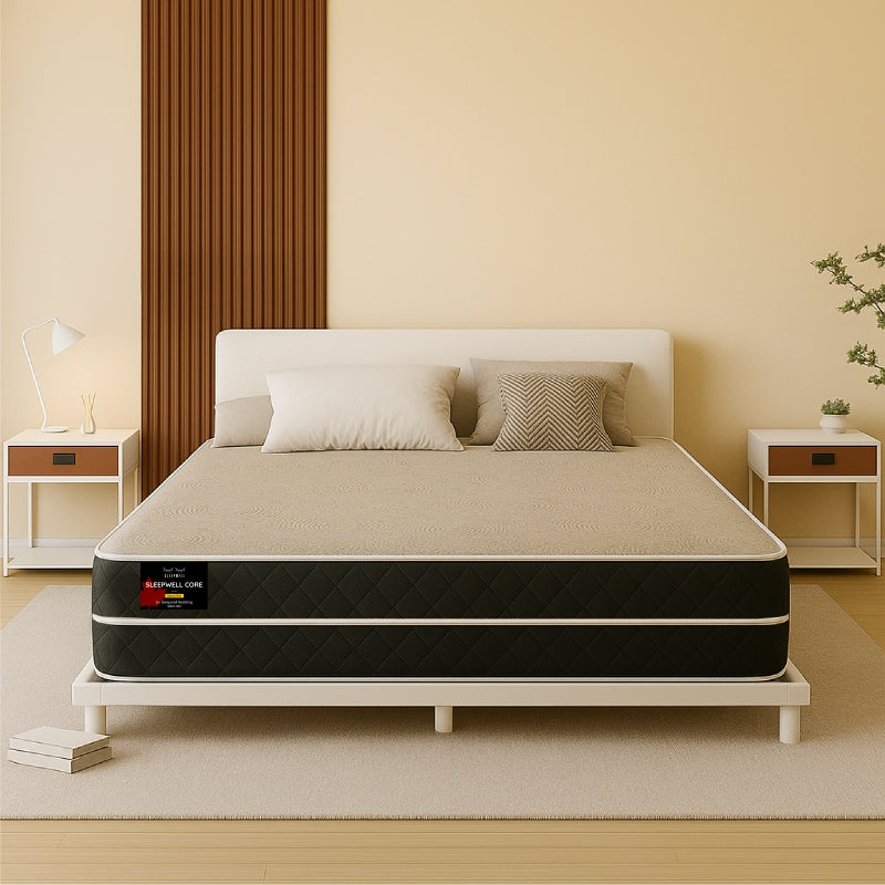 Sleepwell Core Extra Firm mattress front view on white bed frame in warm bedroom - buy in Winnipeg