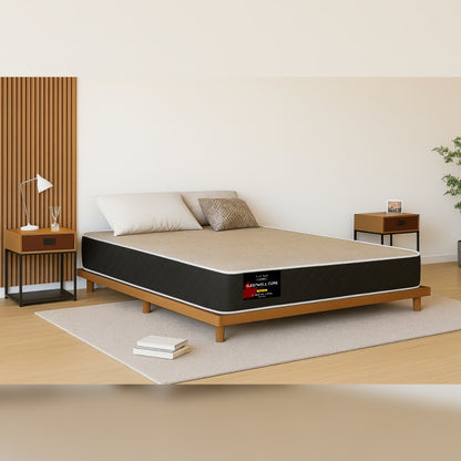 SleepWell Core extra firm mattress on wooden platform bed in minimal bedroom