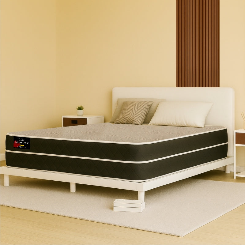 Sleepwell Core mattress on white platform bed in warm-toned bedroom - buy in Winnipeg