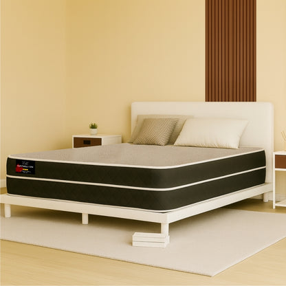 Sleepwell Core mattress on white platform bed in warm-toned bedroom - buy in Winnipeg