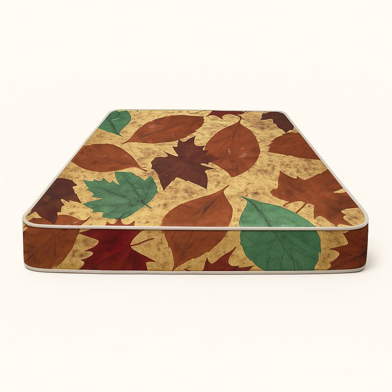 Mattress with autumn leaf print cover in brown, green and rust tones – Design Your Mattress by SleepWell