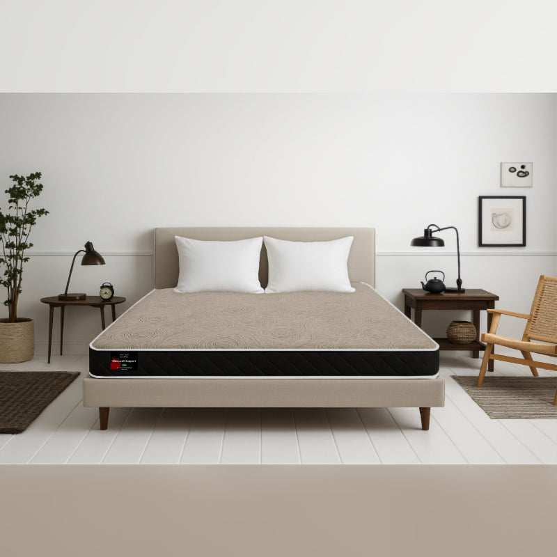 SleepWell Firm mattress front view in minimal Scandinavian bedroom