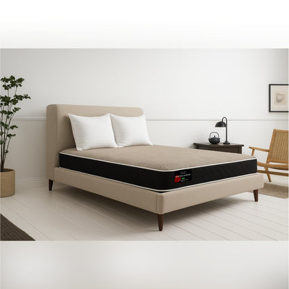 Firm mattress on beige upholstered bed frame in minimalist bright bedroom - buy in Winnipeg