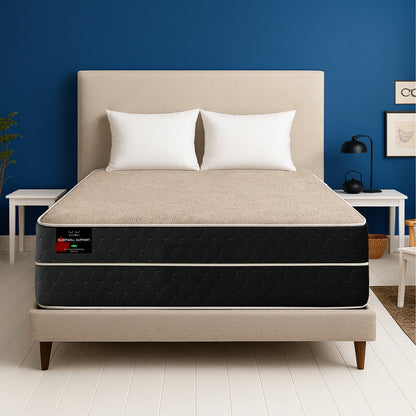 Sleepwell Support Firm mattress front view on beige upholstered bed frame with bold blue wall - buy in Winnipeg