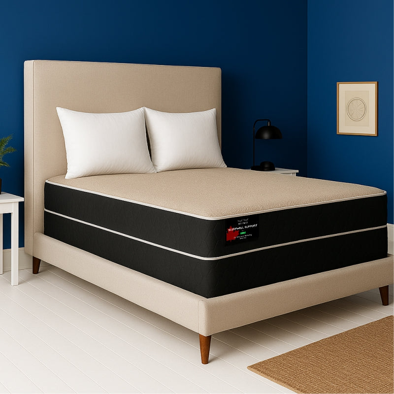 Sleepwell Support Firm mattress corner view on beige upholstered bed frame with bold blue wall - buy in Winnipeg