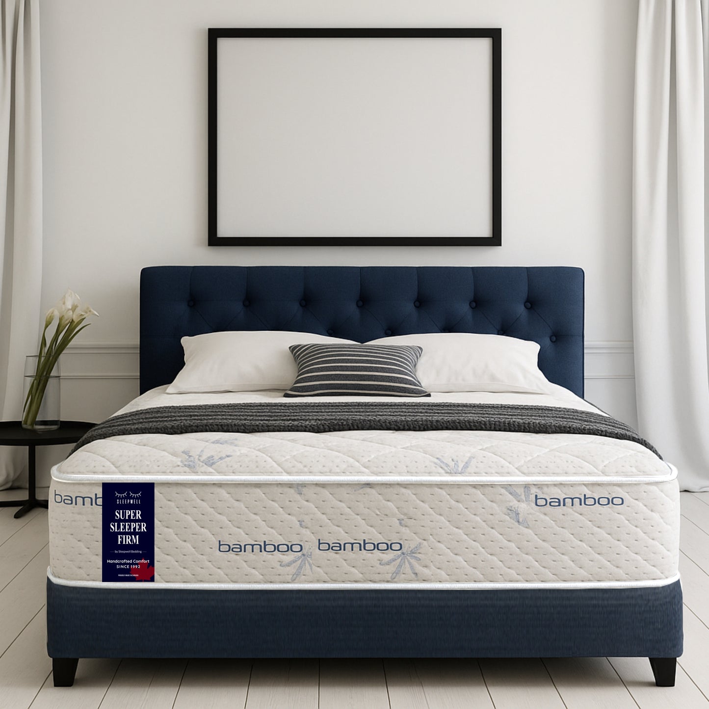 SleepWell Super Sleeper Firm bamboo mattress front view in white curtain bedroom