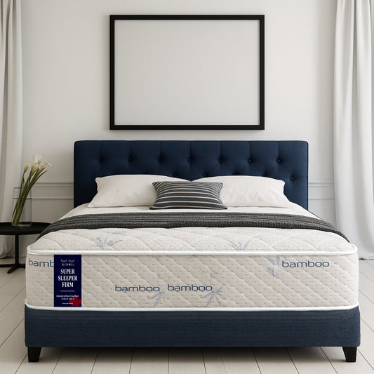 SleepWell Super Sleeper Firm bamboo mattress front view in white curtain bedroom