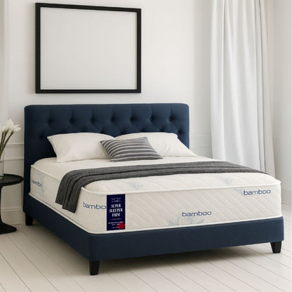 SleepWell Super Sleeper Firm bamboo mattress front view on navy bed frame