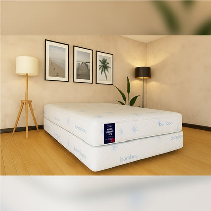 SleepWell Super Sleeper Firm bamboo mattress left side view in beach-themed bedroom