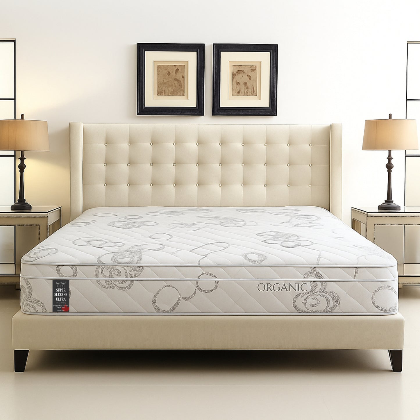 SleepWell Super Sleeper Ultra organic cotton mattress on cream tufted bed frame