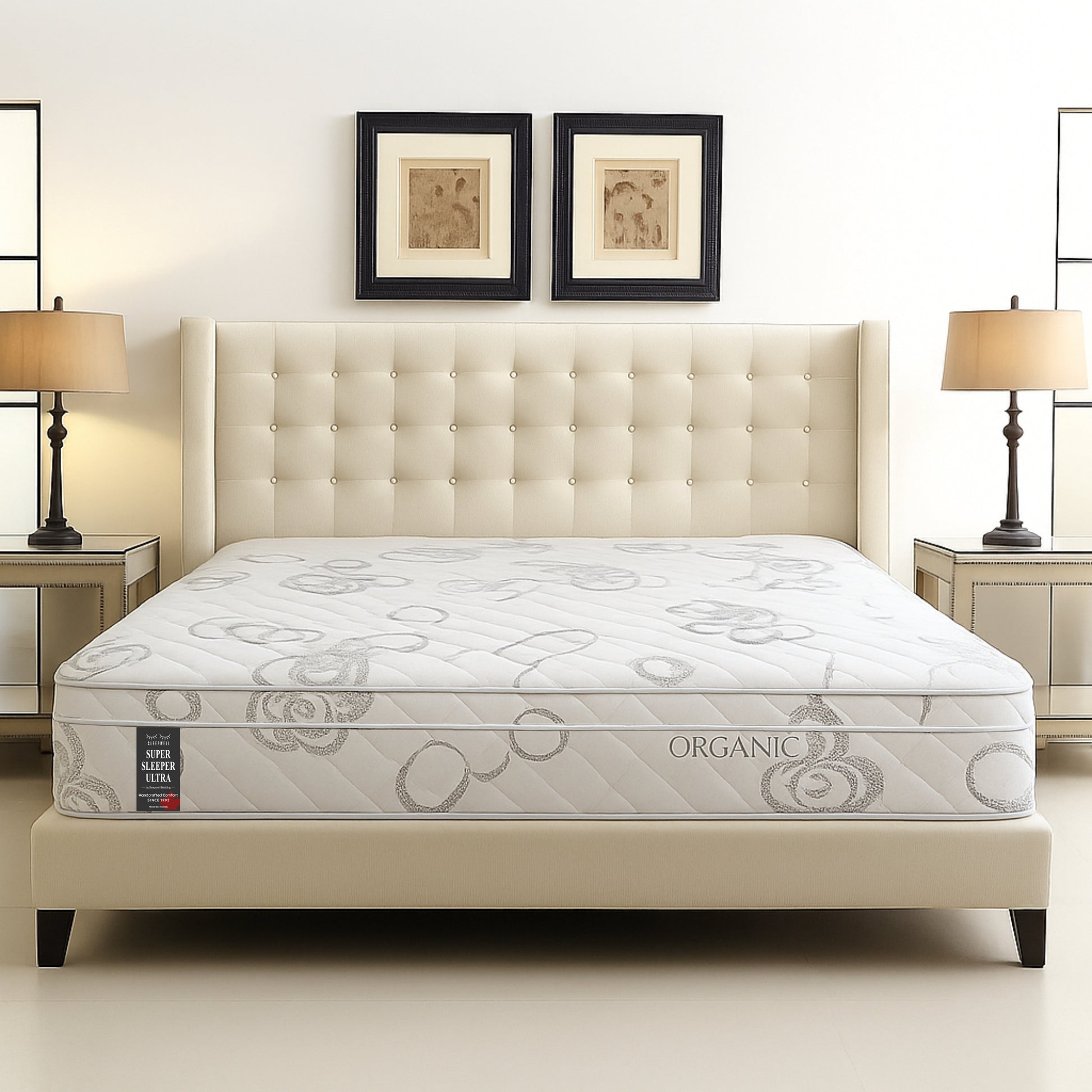 SleepWell Super Sleeper Ultra organic cotton mattress on cream tufted bed frame