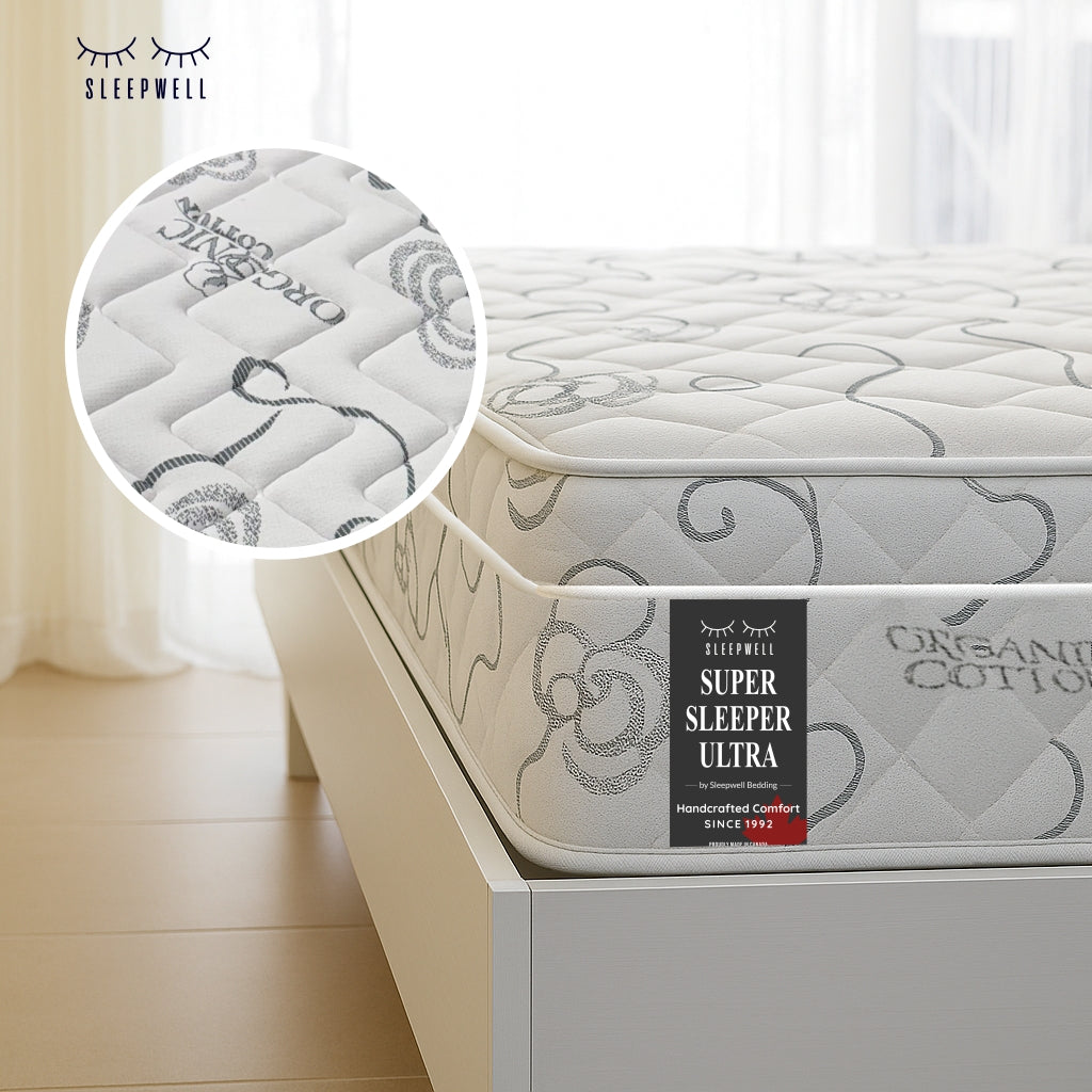 SleepWell Super Sleeper Ultra organic cotton mattress corner view with fabric detail