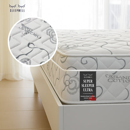 SleepWell Super Sleeper Ultra organic cotton mattress corner view with fabric detail
