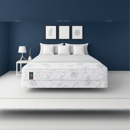 SleepWell Super Sleeper Ultra organic cotton mattress front view in navy bedroom
