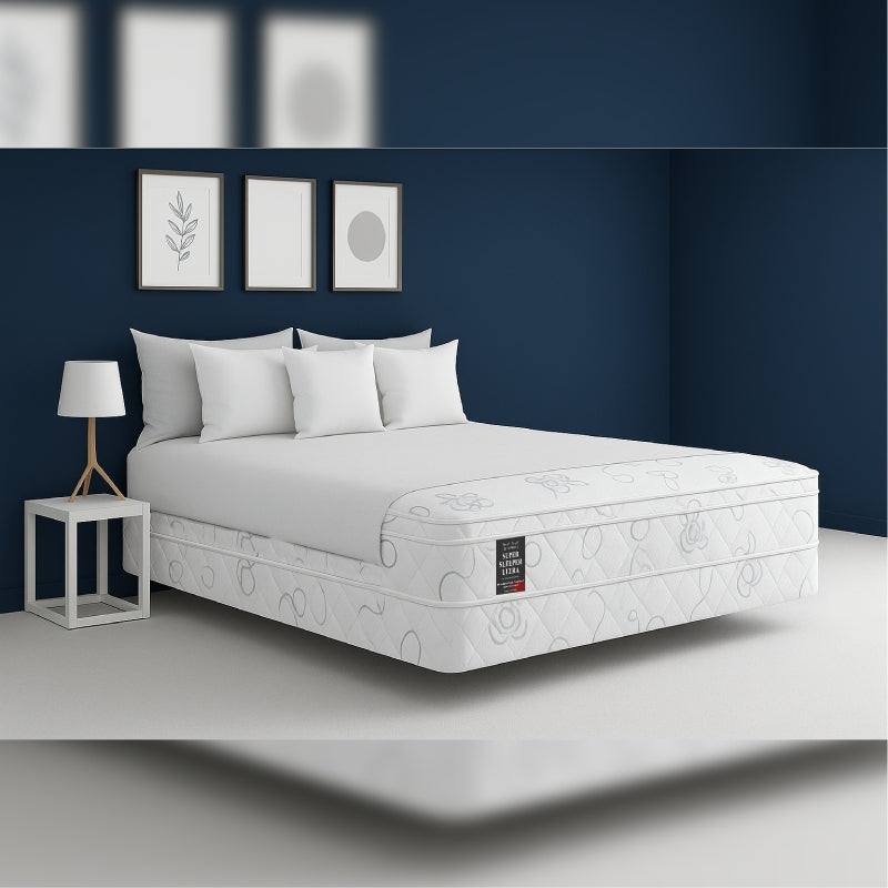 SleepWell Super Sleeper Ultra organic cotton mattress side view in navy bedroom