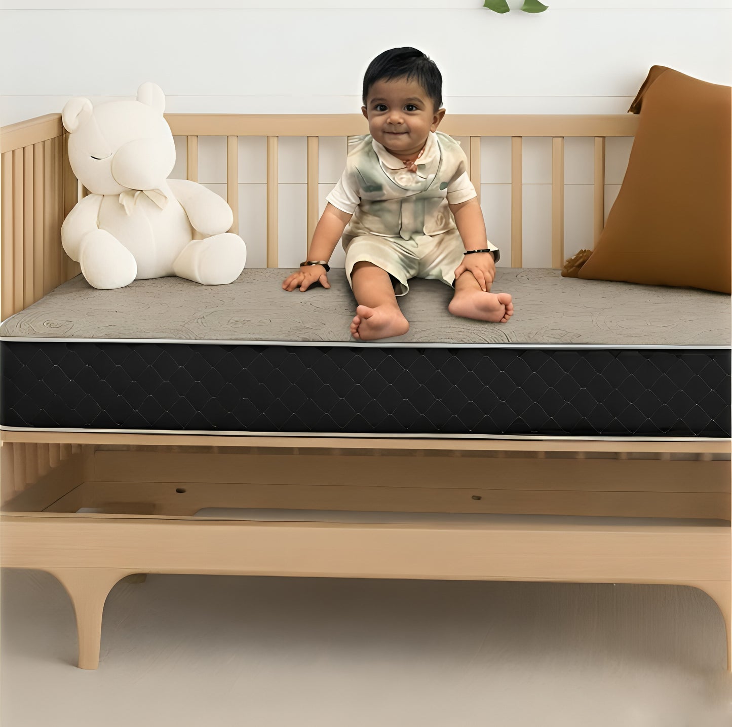 Toddler sitting on a crib mattress in a wooden cot – SleepWell baby and kids mattress