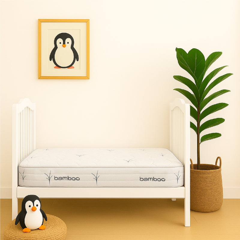 Bamboo fabric baby crib mattress in penguin-themed nursery