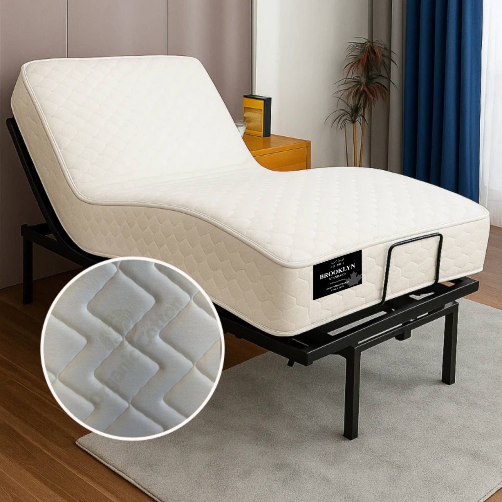 "Brooklyn standard mattress on an adjustable bed base in lounge position, with a close-up zoom of the quilted fabric texture — Sleepwell Bedding."