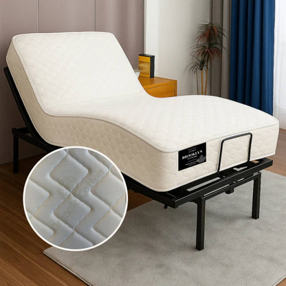 "Brooklyn standard mattress on an adjustable bed base in lounge position, with a close-up zoom of the quilted fabric texture — Sleepwell Bedding."