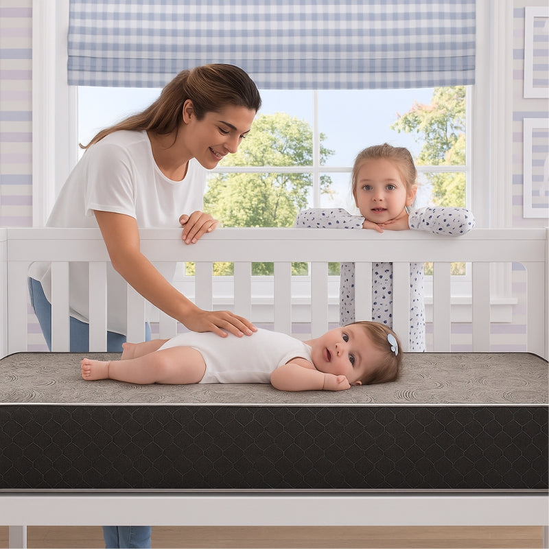Baby crib mattress with mother and children in nursery setting