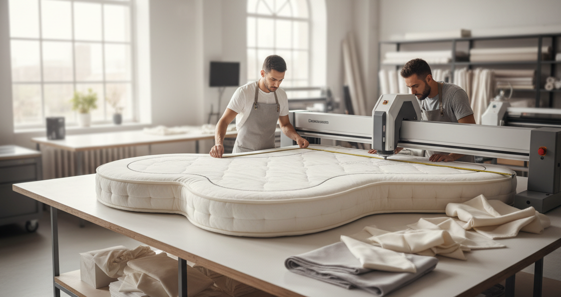 "Sleepwell craftsmen cutting a custom curved-shape mattress on a workshop cutting table, showcasing made-to-order size and shape options."