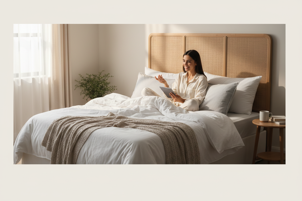 "Woman smiling while using a tablet from her bed with a Sleepwell mattress — representing easy access to customer support and after-purchase service."