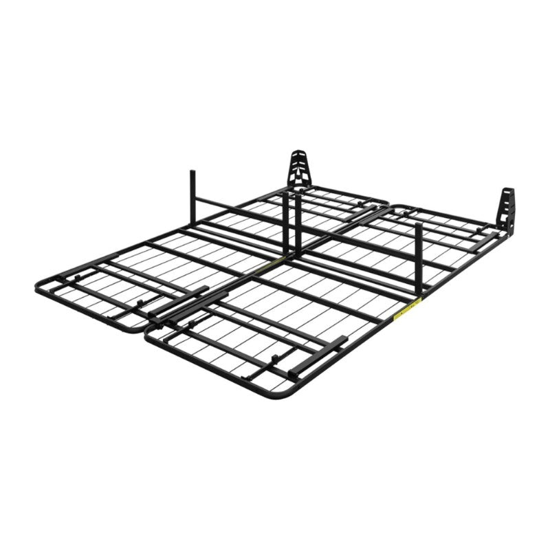 Foldable metal bed frame showing hinge and leg mechanism