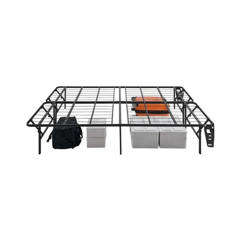 Foldable metal bed frame showing under-bed storage space with boxes and luggage