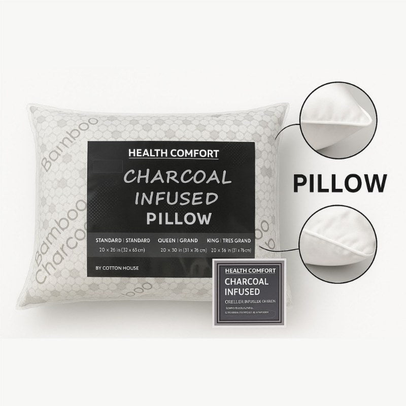 Health Comfort Charcoal Infused Pillow by Cotton House, bamboo charcoal fabric, available in Standard, Queen, and King sizes