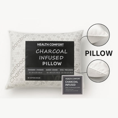 Health Comfort Charcoal Infused Pillow by Cotton House, bamboo charcoal fabric, available in Standard, Queen, and King sizes