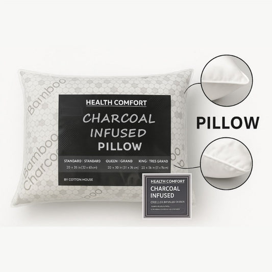 Health Comfort Charcoal Infused Pillow by Cotton House, bamboo charcoal fabric, available in Standard, Queen, and King sizes