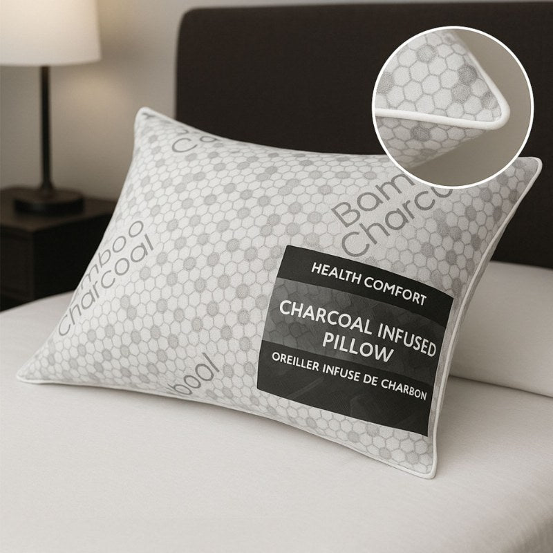 Health Comfort Charcoal Infused Pillow with bamboo charcoal fabric, styled on a bed with texture close-up