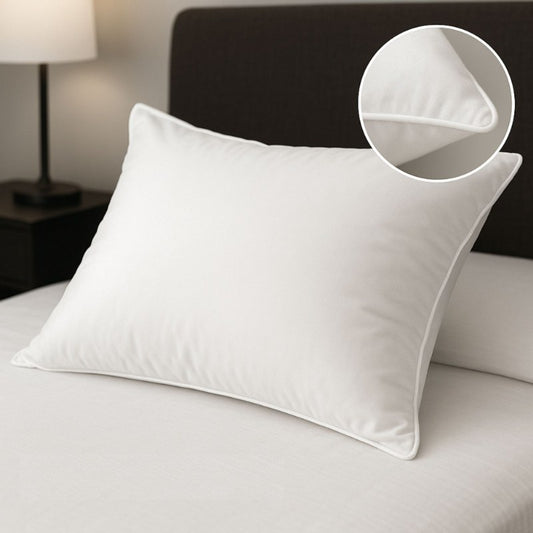 Hotel Comfort Pillow with 100% cotton cover styled on a bed, close-up of corner detail