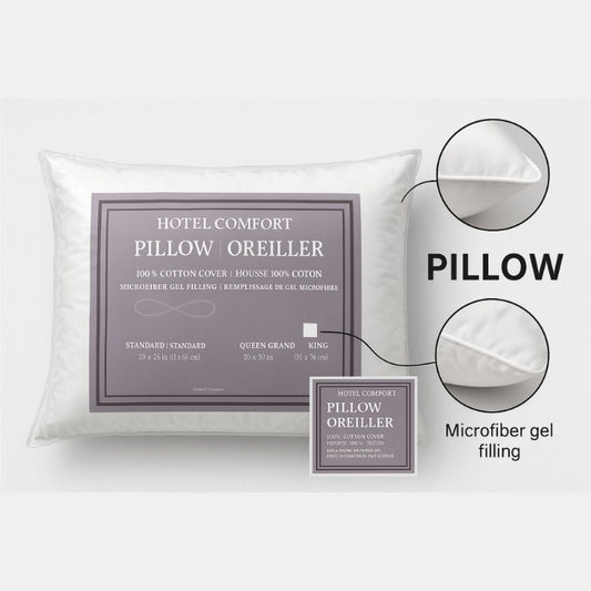Hotel Comfort Pillow with 100% cotton cover and microfiber gel filling, available in Standard, Queen, and King sizes