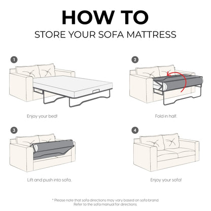 Step-by-step instructions to fold and store a sofa bed mattress into the sofa