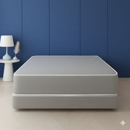 Grey mattress and box spring set in a blue paneled bedroom – SleepWell