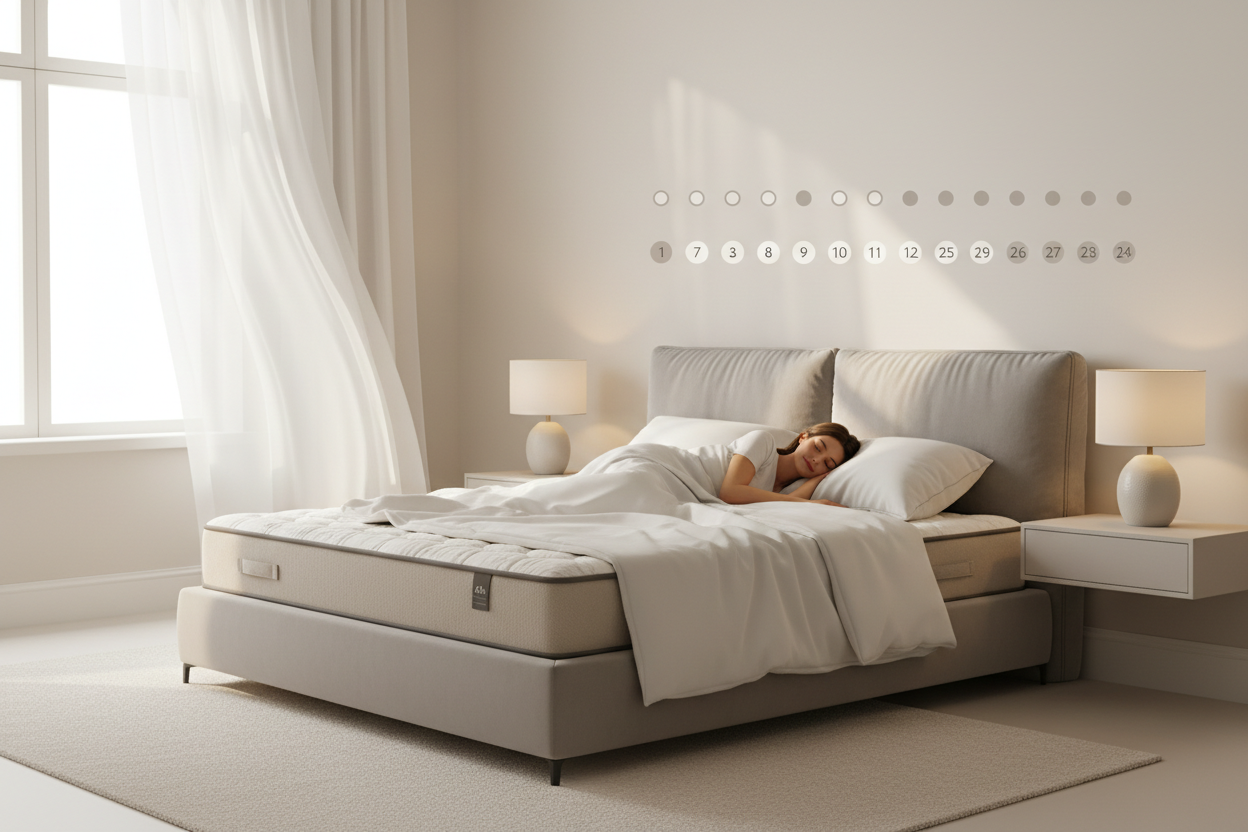 "Woman sleeping peacefully on a Sleepwell mattress in a serene bedroom — mattress requires a two-week break-in period for materials to fully adjust."